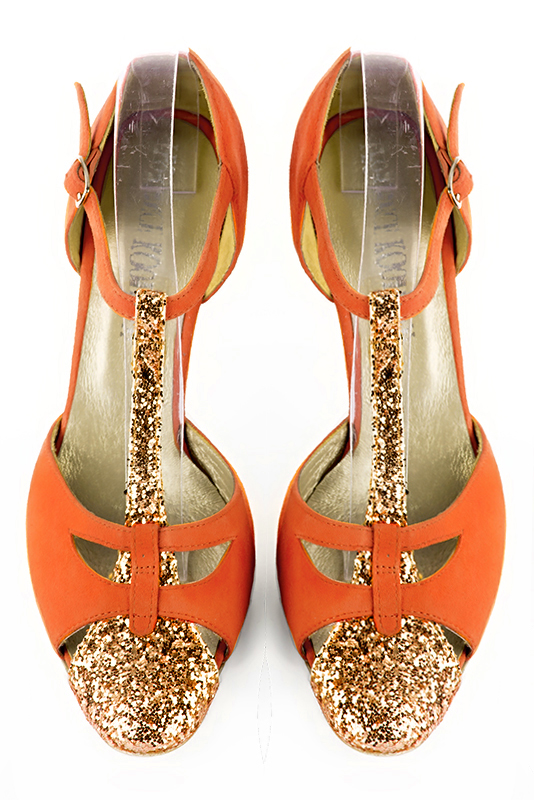 Copper gold and clementine orange women's T-strap open side shoes. Round toe. High slim heel. Top view - Florence KOOIJMAN